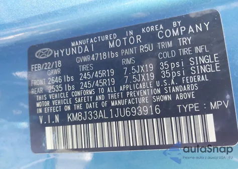 2018 Hyundai Tucson Sport из США, поврежденный, VIN KM8J33AL1JU693916